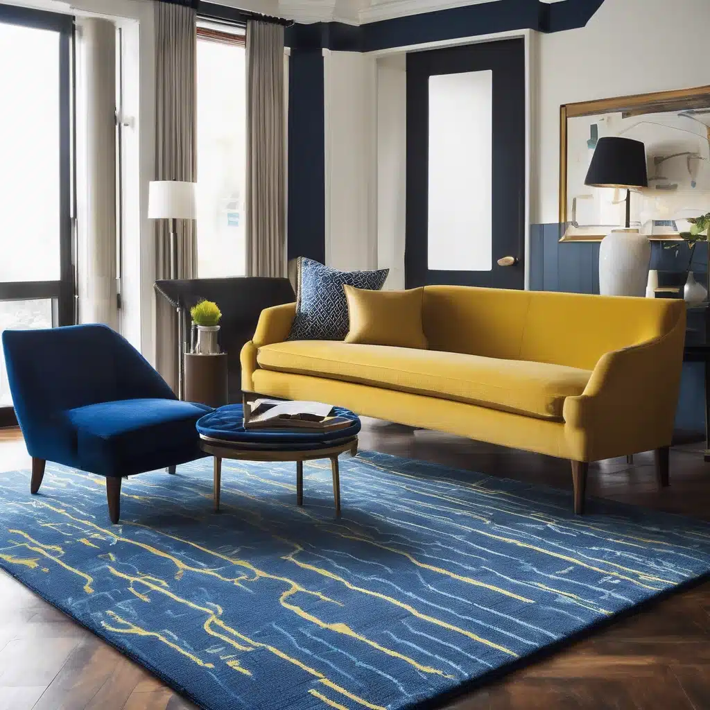 Ein Wohnzimmer mit einem gekettelten Teppichboden in blau und gelb.Nach dem Kettelservice von HEGEBO.