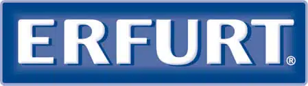 Das Logo vom Tapetenhersteller Erfurt mit weissewr Schrift auf blauem Hintergrund.