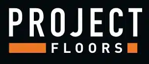 Logo von Project Floors Design-Bodenbelägen in schwarz, weiss und orange.